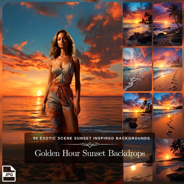 Golden Hour Sunset Backdrop: 90 Exotic Scene Palm Trees Coastal Decor Majestic Background - Sunset Art Photo Editing Spectacular Backdrops