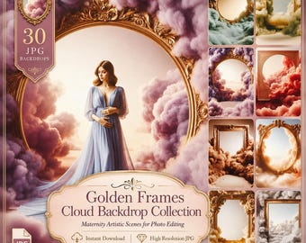 Golden Frames Cloud Art: 30 Backdrops Artistic Print Maternity Overlays for Elegant Photo Background, Fine Art Photography, Instant Download