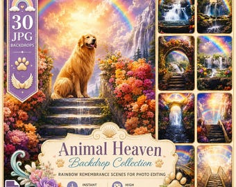 Dierenhemel Achtergronden | 30 Regenboogbrug Herdenkingsachtergronden voor Huisdieren (Honden, Katten, Huisdieren) | Herdenkingsportretten van Beste Vrienden | Liefdevolle Herinnering JJPG