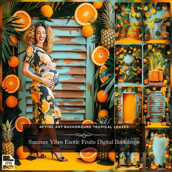 Summer Vibes Exotic Fruits Digital Backdrops: 40 Baby on the Way Fine Art Background Tropical Leaves for Maternity Shoot Composite Photo