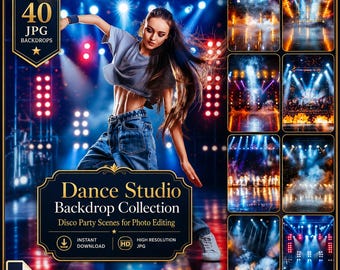 Dance Studio Digital Backdrops: 40 Sports Backdrop Disco Party Dance Artwork with Stage Lighting and Smoke Bombs JPG Files Instant Download