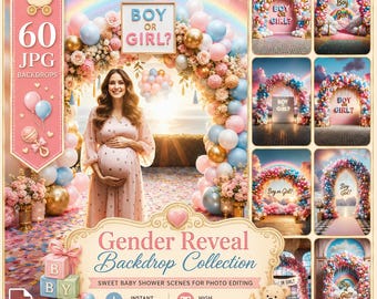 Achtergrond voor een gender reveal babyshower/zwangerschapsfeest: 60 personen met een ballonboog in roze of blauw. Digitale download voor kunstfotografie.