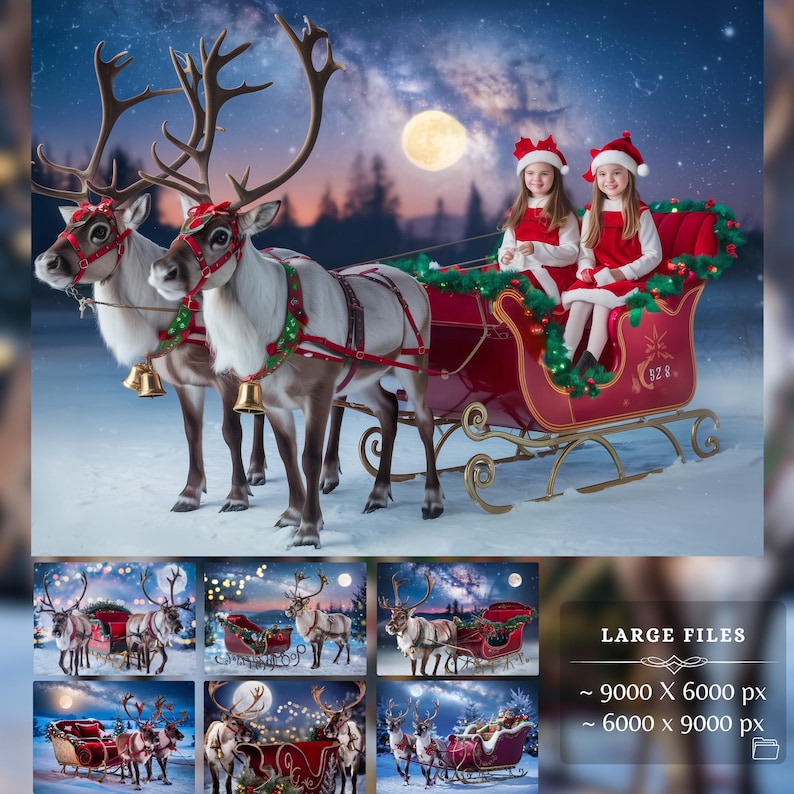 Santa's sleigh with reindeer in a snowy landscape with a glittering moonlit sky, perfect as a fine art background for holiday photography. This Christmas backdrop is ideal for photo edits and adding a touch of magic to any holiday project.