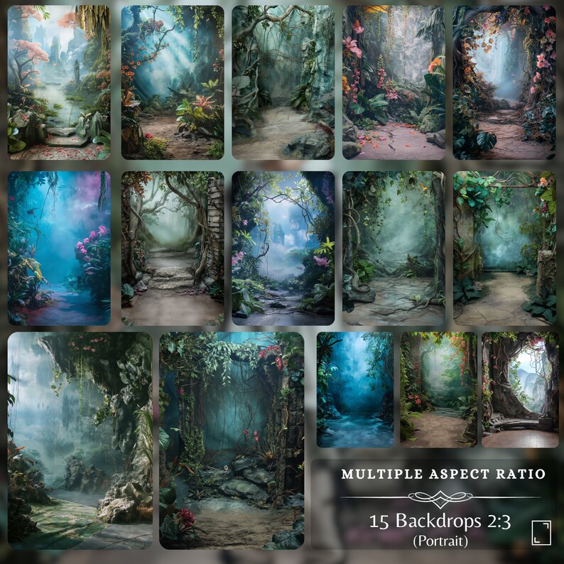Collection of 15 digital backdrops in 2:3 portrait aspect ratio featuring enchanting, misty forest scenes with vibrant flora and mystical pathways, ideal for portrait photography and digital compositing.