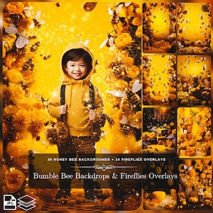 May include: A collage of 30 honey bee backgrounds and 10 firefly overlays. The backgrounds feature yellow flowers, bees, and a yellow background. The overlays feature fireflies and a yellow background. The text "30 HONEY BEE BACKGROUNDS + 10 FIREFLIES OVERLAYS" and "Bumble Bee Backdrops & Fireflies Overlays" is visible in the image.