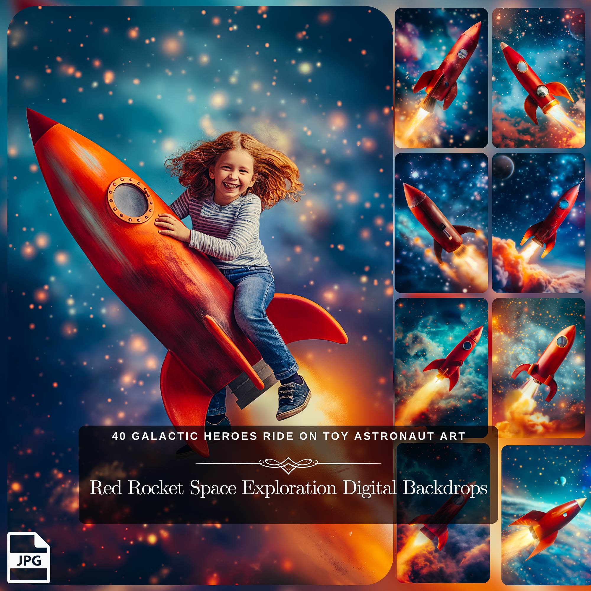 Red Rocket Space Exploration Digital Backdrops: 40 Galactic Heroes Ride ...