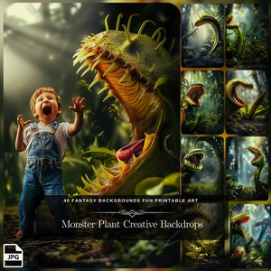May include: A collage of 40 digital backgrounds featuring a variety of monster plants with open mouths, set against a green forest backdrop. The text "Monster Plant Creative Backdrops" is at the bottom of the collage.