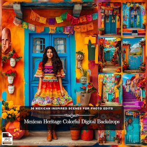Sfondo digitale con arte colorata del patrimonio messicano: 30 pacchetti digitali di scene della natività del Dia de los Muertos per foto composite di arte colorata
