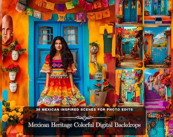Mexican Heritage Colorful Art Digital Background: 30 Dia De Los Muertos Nativity Scene Digital Bundle for Colorful Art Composite Photos