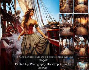 Toile de fond photographique de bateau de pirate : 100 décorations de pirate avec coffre au trésor, méga pack, arrière-plans fantastiques avec superposition de 40 fumées pour oeuvre d'art fantastique