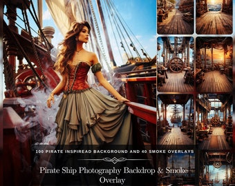 Pirate Ship Photography Backdrop: 100 Pirate Ornament with Treasure Chest Mega Pack Fantasy Background with 40 Smoke Overlay for Fantasy Art
