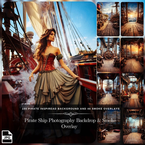 Toile de fond pour photographie de bateau pirate : 100 ornements de pirate avec coffre au trésor, méga pack de fond fantastique avec 40 superpositions de fumée pour l'art fantastique