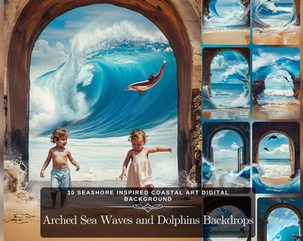 Ocean Print & Sea Waves: 30 Arched Backdrop Collection with Dolphin Artwork as Coastal Art Digital Background, Seashore Inspiration Scenes