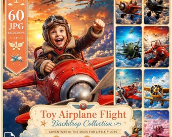 Speelgoedvliegtuig Vluchtpakket: Set van 60 avontuurlijke pilotenachtergronden, luchtvaartdecoratie en propellervliegtuigachtergronden voor luchtshows (digitale download)
