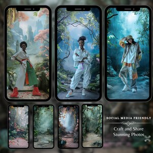 Showcase of social media-friendly digital backdrops displayed on smartphone screens, featuring models in stylish outfits set against vibrant, fantastical forest backgrounds, perfect for influencers and content creators.