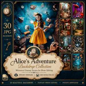 Sfondi digitali di Alice nel Paese delle Meraviglie: 30 scene fantastiche da fiaba in formato JPG per sfondi di fotoritocco a tema "Tea Party" e "Buco del Coniglio".