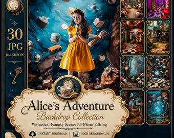 Fondos digitales de Alicia en el País de las Maravillas: 30 archivos JPG con escenas de cuentos de hadas y fantasía para editar fotos de fiestas de té y la madriguera del conejo.