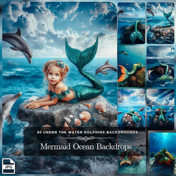 Sfondo fotografico a tema oceano con coda di sirena: 60 decorazioni stravaganti per il compleanno di una sirena, conchiglie di corallo, immagini di sfondo, download digitale