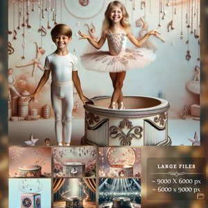 Collection of magical music box backdrops, each uniquely designed with varying elements of music and whimsy, perfect for creative compositions.