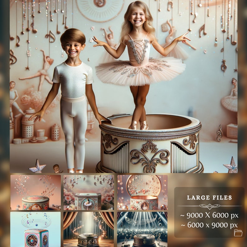 Collection of magical music box backdrops, each uniquely designed with varying elements of music and whimsy, perfect for creative compositions.