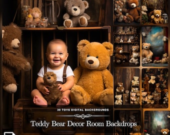 Teddy Bear Decor Room Backdrops - 30 Toys Digital Backgrounds Perfect for Baby Showers, Gender Reveals, and Family Portraits