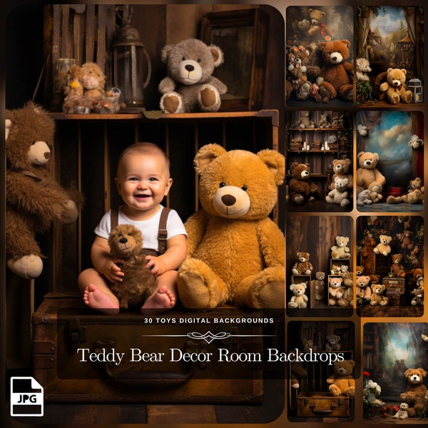 Teddy Bear Decor Room Backdrops - 30 Toys Digital Backgrounds Perfect for Baby Showers, Gender Reveals, and Family Portraits