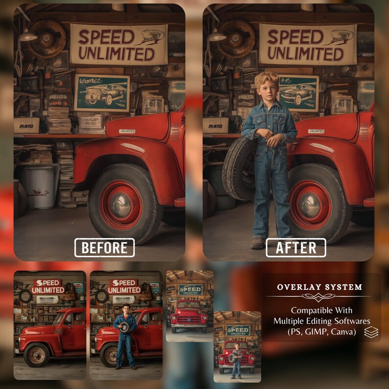 Before and after comparison showcasing how digital backdrops can transform a simple photo. The image features a young boy standing in front of a red truck in a garage setting. The Speed Unlimited sign and vintage decor add a timeless automotive feel