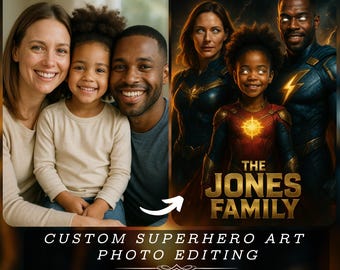 Edición fotográfica personalizada de superhéroes: Impresión digital de retratos familiares de superhéroes, regalo personalizado con apellidos, regalos de superhéroes de fan art.