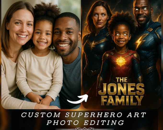 Custom Superhero Art Photo Editing: Super Hero Family Portrait Digital Print, Personalized Gift with Family Name, Fan Art Superhero Gifts