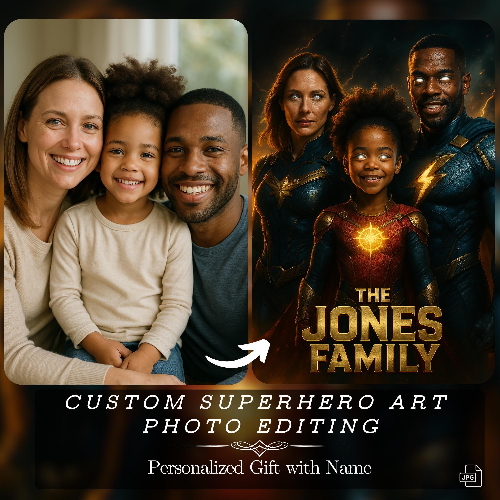 Benutzerdefinierte Superhelden-Kunstfotobearbeitung: Superhelden-Familienporträt Digitaldruck, personalisiertes Geschenk mit Familiennamen, Fan Art Superhelden-Geschenke