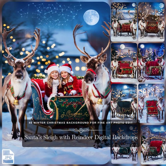 Flying Santa's Sleigh with Reindeer Digital Backdrop: 40 Winter Christmas Background for Christmas Eve Fine Art Background Instant Download