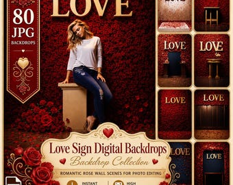 Digitale achtergronden met kalligrafie en liefdessymbolen: 80 podiumachtergronden met liefdesthema, gangpadbloemen en rozenblaadjes (digitale download).