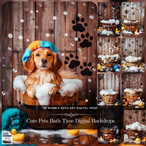 May include: A digital backdrop featuring a cute dog wearing a blue and yellow towel on its head, sitting in a wooden tub filled with white foam. The backdrop is a rustic wooden wall with paw prints and bubbles. The text "40 Bubble Bath Art Digital Prop" and "Cute Pets Bath Time Digital Backdrops" is visible at the bottom of the image.
