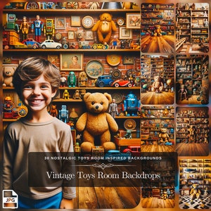 Sfondo fotografico per la stanza dei giocattoli dei bambini in stile vintage: 30 animali di peluche e orsacchiotti per il progetto Playtime Sfondo fotografico Download digitale
