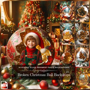 Könnte beinhalten: Eine Sammlung von 30 festlichen, zerbrochenen Weihnachtsbaumkugeln als Fotohintergründe. Die Hintergründe zeigen eine Vielzahl von Farben und Designs, darunter Rot, Gold und Silber. Die Hintergründe sind perfekt, um einzigartige und festliche Urlaubsfotos zu erstellen.