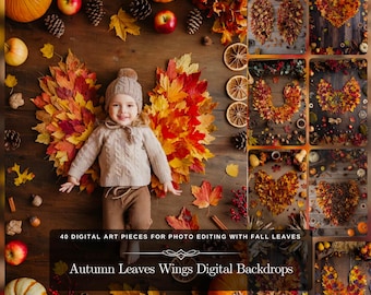 Autumn Leaves Wings Digital Backdrops: 40 Digital Art Pieces for Photo Editing with Fall Leaves, Harvest Table & Rustic Decor JPG Files