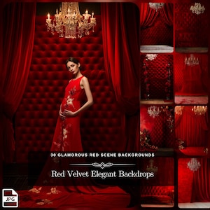 May include: A collage of 30 red velvet backdrop images. The images feature a variety of scenes, including a woman in a red dress standing in front of a red velvet wall, a red velvet sofa, and a red velvet curtain. The text "30 Glamorous Red Scene Backgrounds" and "Red Velvet Elegant Backdrops" is displayed on the image.