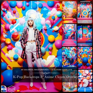 KPop Digital Backdrop & Anime Cloud Overlay Bundle – 30 Kawaii Abstract Backgrounds, 10 Cartoon Clouds (Instant Download Backdrop Magic)