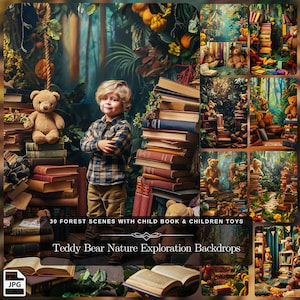 Toiles de fond numériques Exploration de la nature avec un ours en peluche : 30 scènes de forêt avec un livre pour enfants et des jouets pour enfants pour des impressions fantastiques, des fichiers JPG de retouche photo