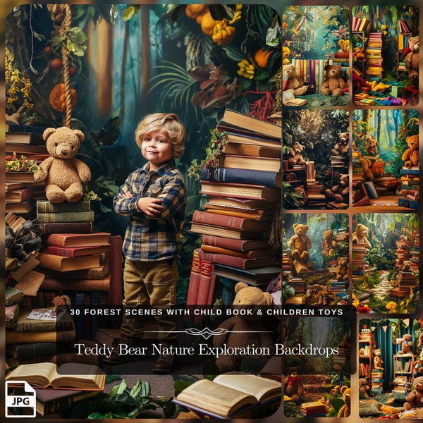 Teddy Bear Nature Exploration Digital Backdrops: 30 Forest Scenes with Child Book & Children Toys for Fantasy Prints Photo Edit JPG Files