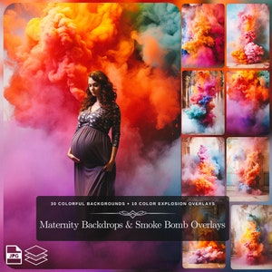 Smoke Bomb Colorful Backdrop: 30 Maternity Backdrop Set with 10 Colorful Smoke Bomb Overlay as Photo booth Backdrops - Fine Art Photography