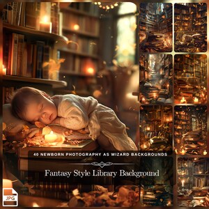 May include: A sleeping baby in a white blanket lies on a stack of books in a fantasy library setting. The library is filled with bookshelves, candles, and falling leaves. The text "40 NEWBORN PHOTOGRAPHY AS WIZARD BACKGROUNDS" and "Fantasy Style Library Background" are visible at the bottom of the image.