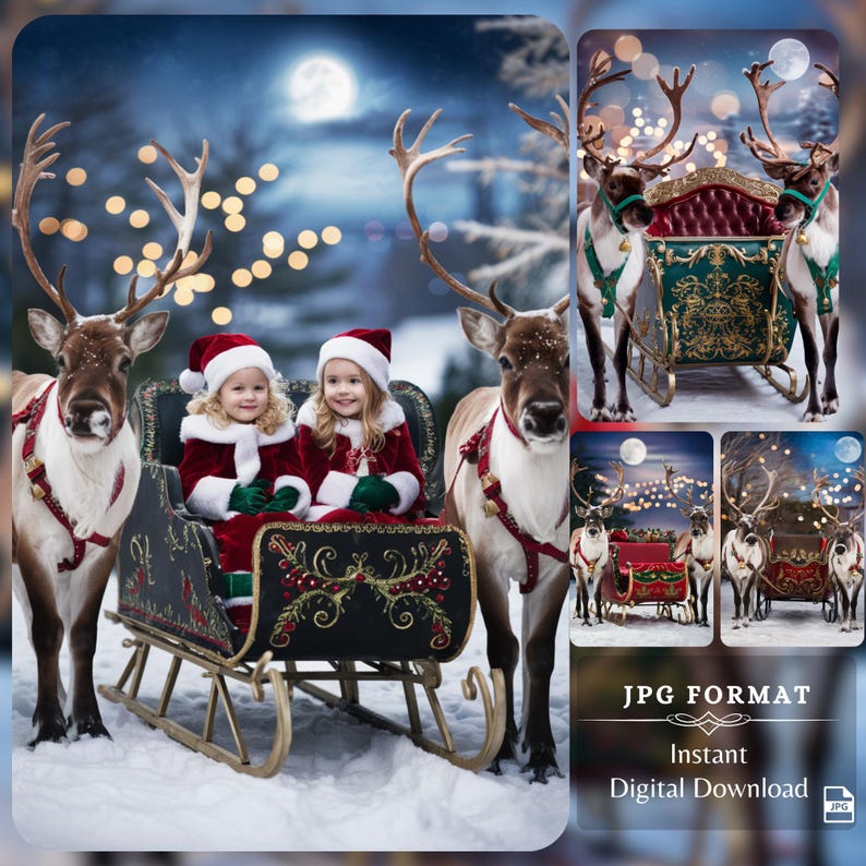Children dressed in Santa hats sit in Santa’s red sleigh, surrounded by festive lights and two reindeer, perfect for family Christmas photo editing. This high-quality digital backdrop captures the joy of Christmas Eve.