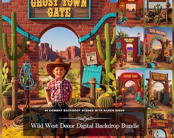 Wild West Decor Digital Backdrop Bundle| 40 Cowboy Backdrop Scenes, Old Western Street & Ranch Sign for Western Theme Party Decor| JPG Files