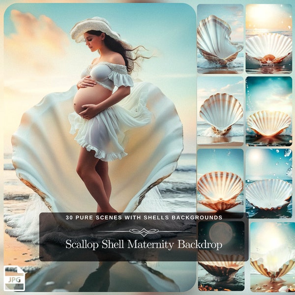 Scallop Shell Maternity Backdrop - 30 Elegant Designs Sea Shell Artworks as Fine Art Texture for Expecting Mom, Digital Instant Download