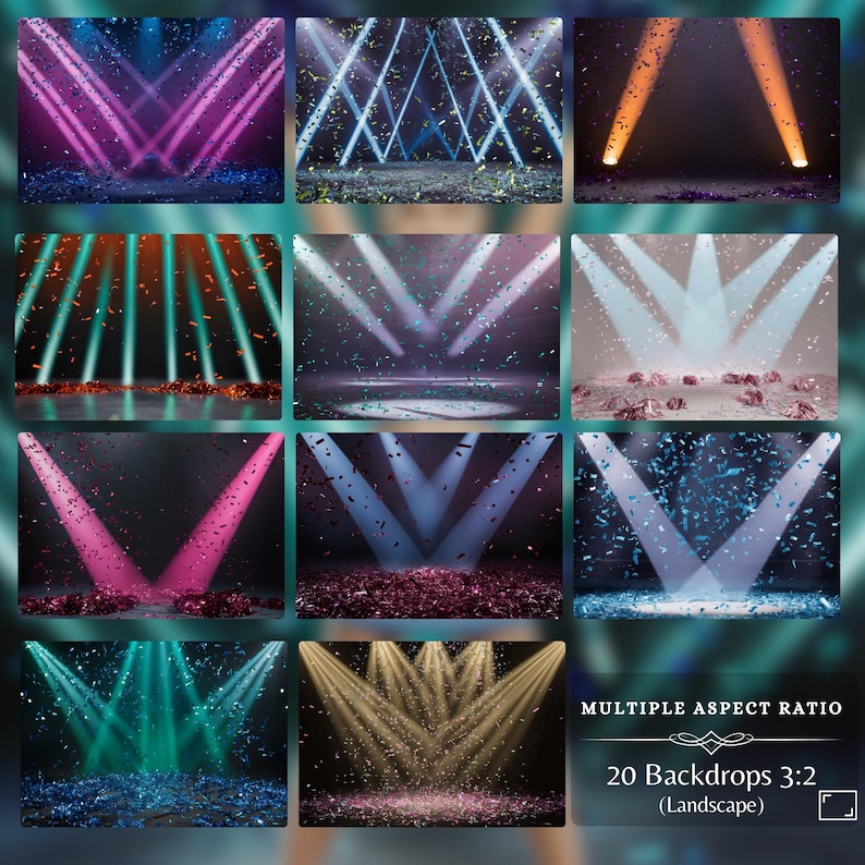 Stunning landscape cheerleading backdrops with confetti, featuring dynamic lighting effects in vibrant colors. Ideal for sports-themed photography, senior sports posters, and dance routine displays in high-definition JPG format.