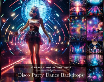 30 Disco Party Tanz Kulisse mit Neon Hintergrund für zusammengesetzte Fotos, 80er Jahre 90er Party hochwertige digitale Kulissen, Instant Download