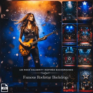 May include: A woman playing an electric guitar on a stage with a blue and orange background. The stage is decorated with confetti and stars. The text "120 Rock Celebrity Inspired Backgrounds" and "Famous Rockstar Backdrop" is displayed on the image.