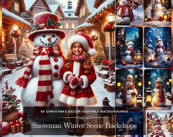 May include: A collection of 80 digital backgrounds featuring winter scenes with snowmen, Christmas decor, and a snowy village. The backgrounds are perfect for creating holiday cards, invitations, or social media posts.