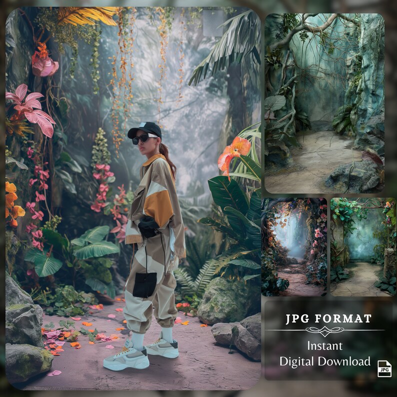 Fashion model posing in a digitally enhanced, vibrant jungle scene, part of a collection showcasing digital forest backdrops for creative photography and design projects, available for instant digital download.